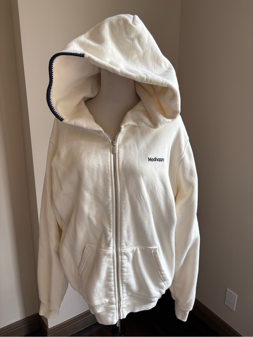 Madhappy Classic Fleece Zip Up Hoodie in White with Navy